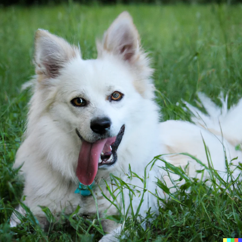 Dog photo : photography of an American Eskimo dog with green eyes lying in the grass with his tongue out. Blurred background. (DALL-E 2 generated.)
