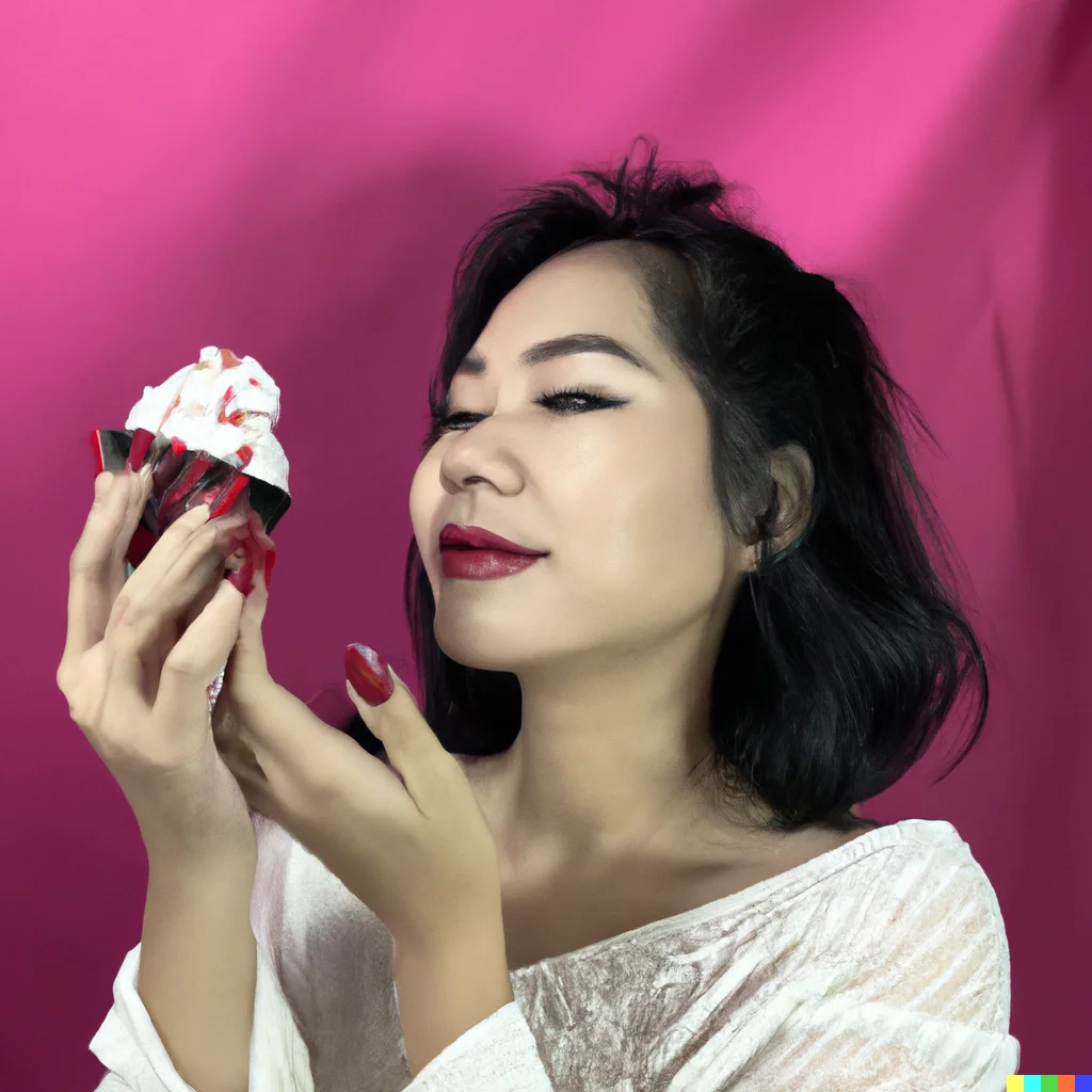 Woman photo : photography of a brown-eyed Asian woman, wearing red nail polish on both hands, holding a cupcake in her right hand and tasting the cream of the cake on one fingertip of her left hand. Plain pink background. (DALL-E 2 generated.)