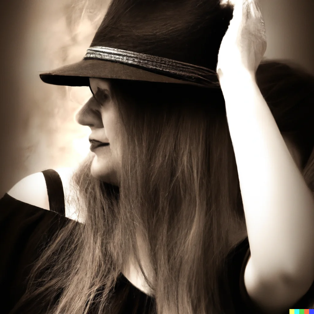 Woman photo : black and white/sepia photography of a long-haired woman wearing a hat. (DALL-E 2 generated.)