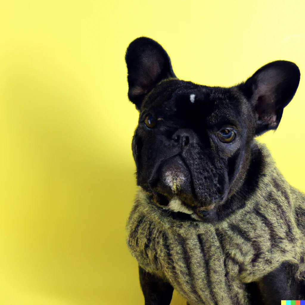 Dog photo : photography of a black bulldog wearing a knit. Plain yellow background. (DALL-E 2 generated.)
