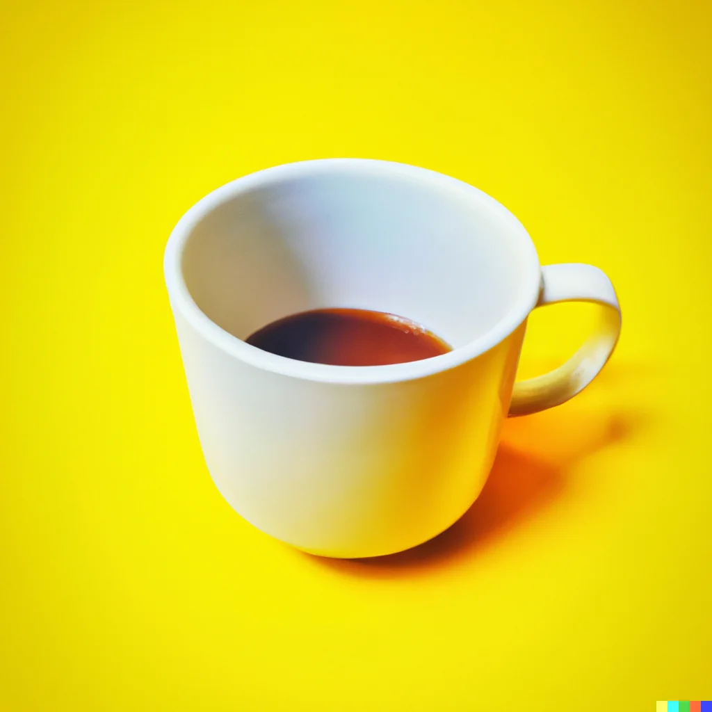 Coffee photo : photography of a coffee mug, plain yellow background. (DALL-E 2 generated.)