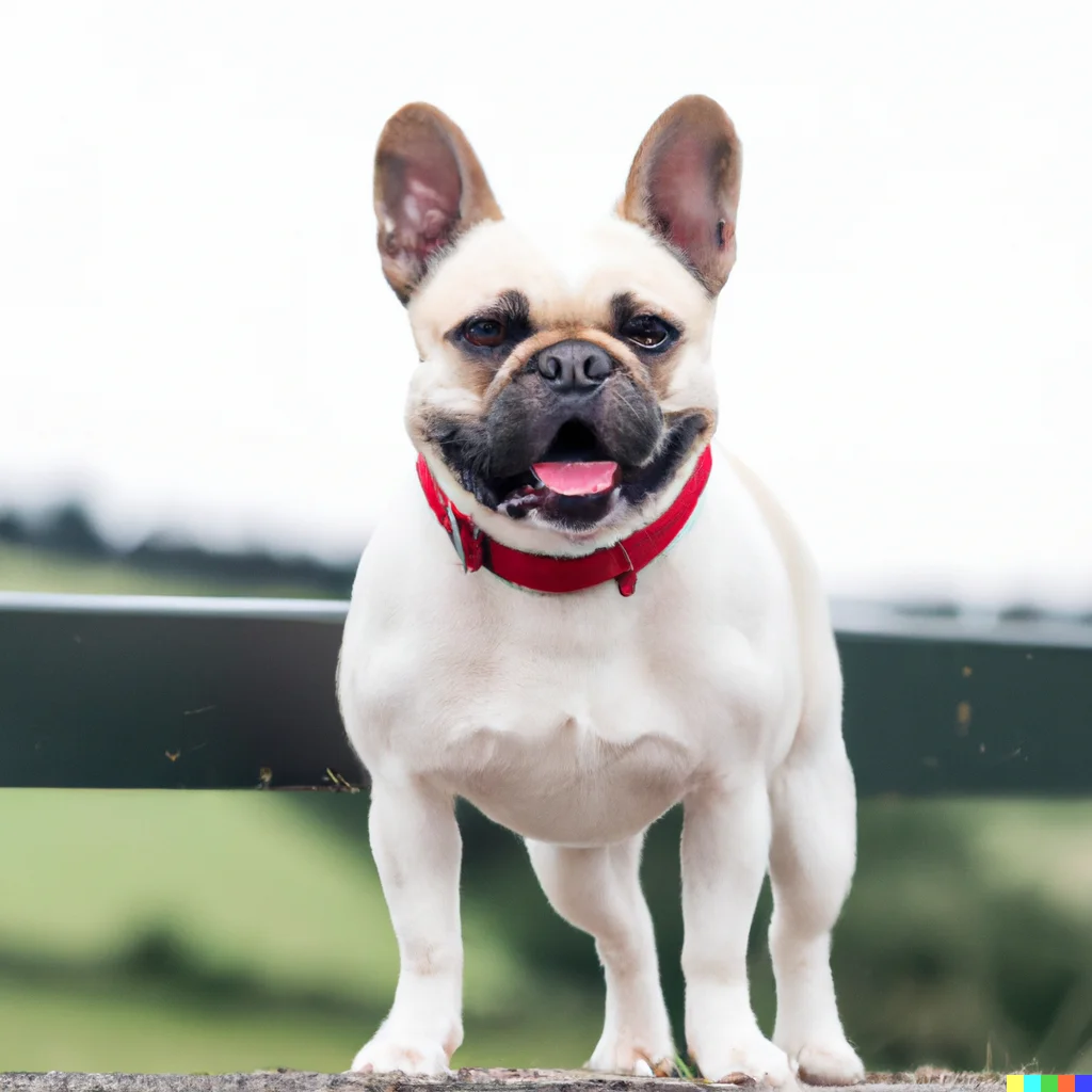 Dog photo : a photography of a happy French bulldog, wearing a red collar, standing with both front paws resting on a white ledge. Rather green country blurred background, with a white sky. (DALL-E 2 generated.)