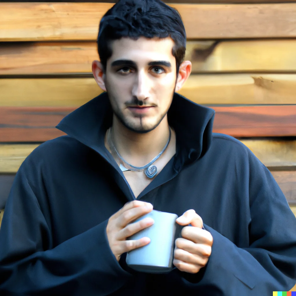 Man photo : a photography of a dark-haired man with green eyes posed in front of a gray pallet wood exterior wall, wearing a thin gold chain, a blue-gray wool sweater with a round neck, and a navy blue down jacket, holding a cup of hot chocolate with both hands. (DALL-E 2 generated.)