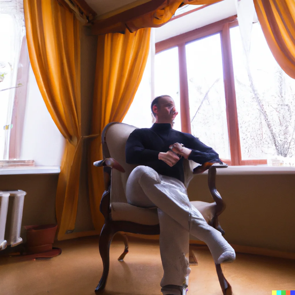 Man photo : photography of a man sitting on a chair, legs crossed, looking out the window. (DALL-E 2 generated.)