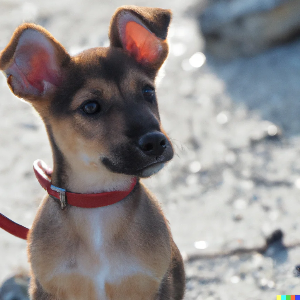 Dog photo : photography of a brown-haired puppy, wearing a red collar, sitting on a white sea rush floor. Blurred background. (DALL-E 2 generated.)