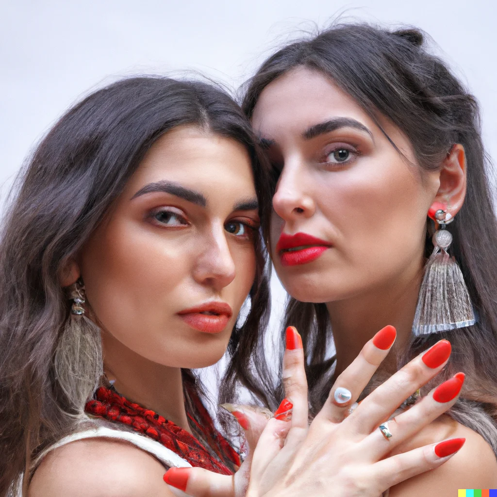 Woman photo : photography of two beautiful young Slavic women with makeup, wearing rather light fashion outfits and fashion accessories like jewelry, bracelets, necklaces, or red or white nail polish. (DALL-E 2 generated.)