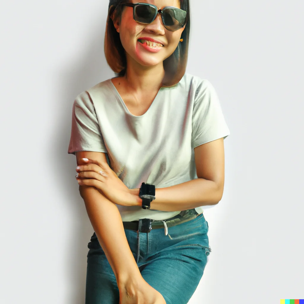 Woman photo : a photography of a smiling woman wearing a grey short-sleeved t-shirt, a watch with a white silicone strap, sunglasses with a brown frame, jeans, and a black belt. Plain white background. (DALL-E 2 generated.)