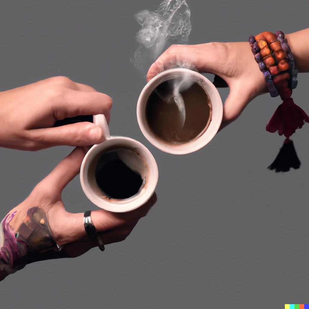 Coffee photo : top view photo of two steaming cups of coffee, each held by a hand. The one on the left is held by the hand of a white woman, of whom we can only see her hand and a part of her arm on which she wears bracelets. The one on the right is held by a white man whose hand is visible only. (DALL-E 2 generated.)