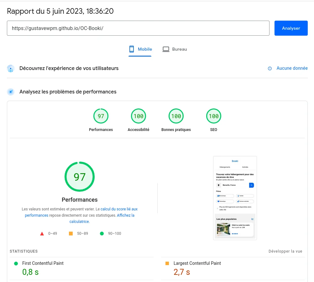 Pagespeed de la page d'accueil de Booki sur mobile