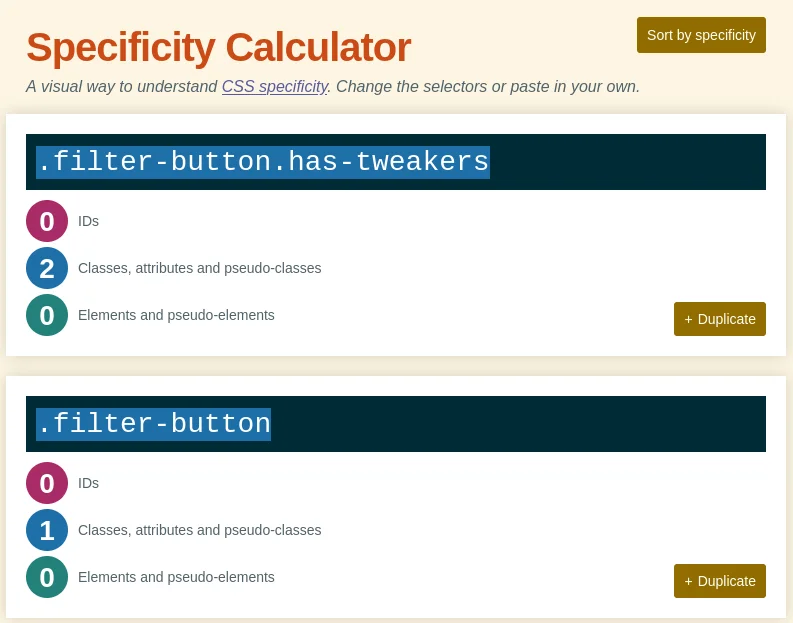 Mise en évidence d'une différence de score de spécificité entre deux sélecteurs CSS