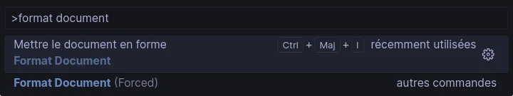 Capture d'écran de la commande VSCode à sélectionner après avoir recherché : « Format Document »